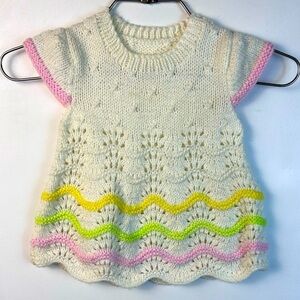 Hand Crafted Hand Crocheted White & Pink Floral Cotton Baby Dress 3M